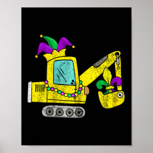 Affiche Grue À Digger Mardi Gras Avec Casquette Jester Pou