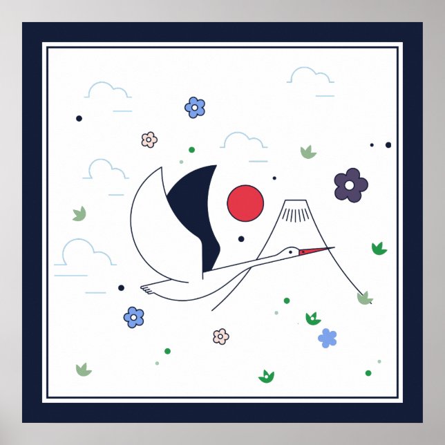 Affiche Grue Abstraite blanche, rouge et bleu foncé (Devant)