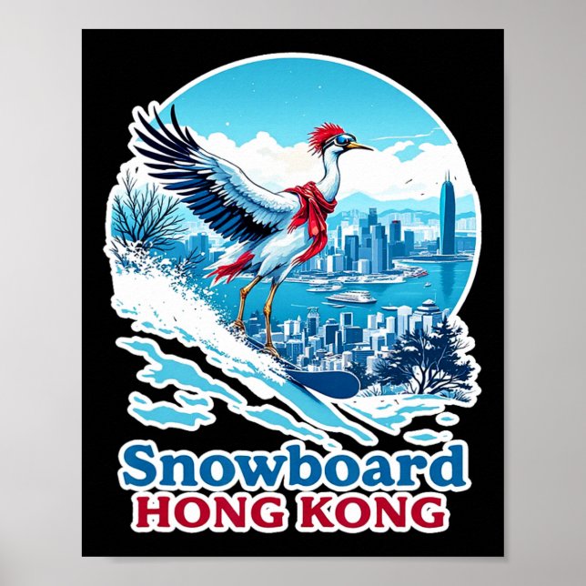 Affiche Grue De Snowboard À Hong Kong Skyline Bleu (Devant)