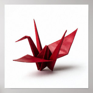 Affiche Grue d'origami rouge traditionnelle en blanc