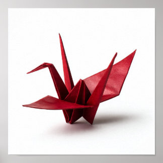Affiche Grue d'origami rouge traditionnelle en blanc