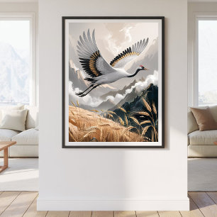 Affiche Grue élégante en vol au-dessus d'un paysage de blé