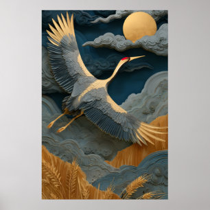 Affiche Grue élégante volant sous la lune dorée d'Asie de 
