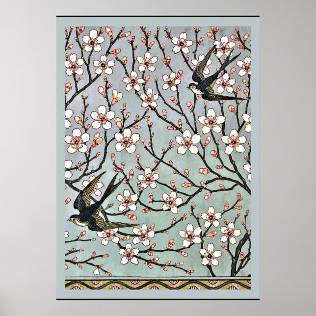 Affiche Grue - Fleurs d'amandier et hirondelles (Devant)