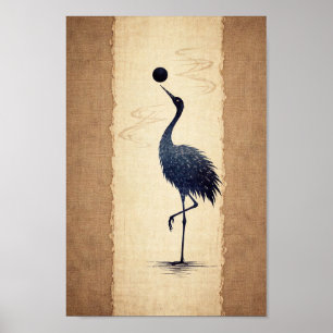 Affiche Grue japonaise oiseau zen washi papier art illustr
