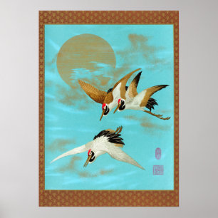 Affiche Grue japonaise vintage et soleil doré sur fond ble