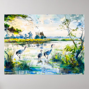 Affiche Grues au bord de la rivière Havelland Style aquare