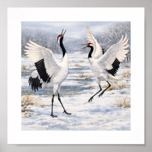 Affiche Grues couronnées dansant en hiver –