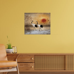 Affiche Grues couronnées rouges, oeuvre d'art à l'aquarell
