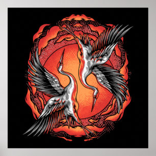 Affiche Grues de combat volantes japonaises Art asiatique 