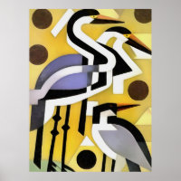 Grues En Style Art Abstrait Géométrique Sur Jaune