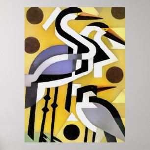 Affiche Grues En Style Art Abstrait Géométrique Sur Jaune