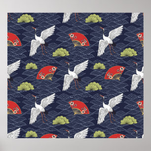 Affiche Grues et ventilateurs japonais : Motif Vintage