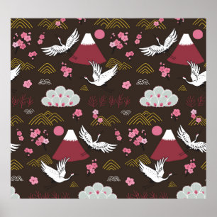 Affiche Grues japonaises : Motif traditionnel sans couture