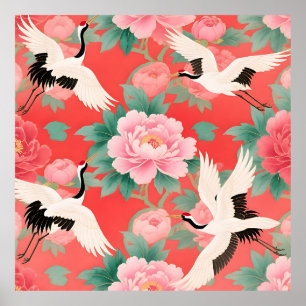 Affiche Grues japonaises Pivoines Rouges Élégance Chinoise