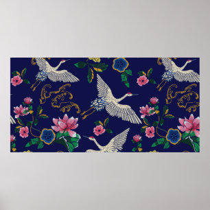 Affiche Grues japonaises, vagues et fleurs. Broderie