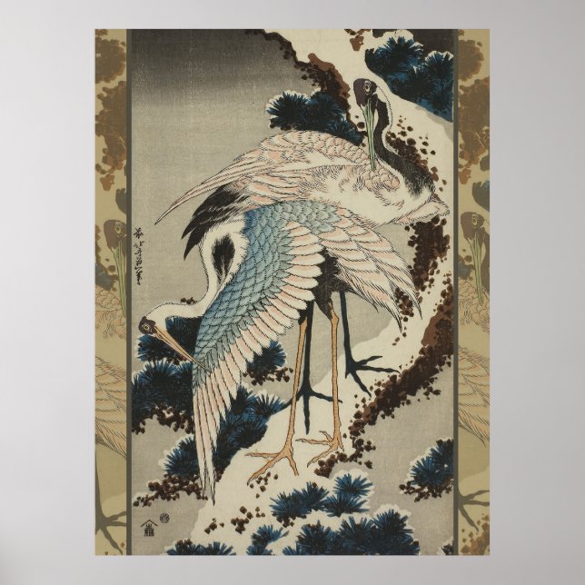 Affiche Grues sur un pin enneigé Hokusai (Devant)