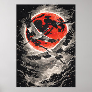 Affiche Grues volant dans une lune rouge - Art japonais