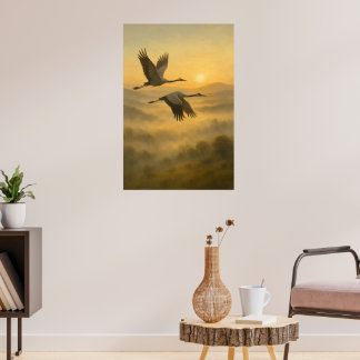 Affiche Grues volantes au coucher du soleil – Sérénité de 