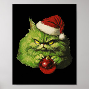 Affiche Grumeux Vert Père Noël Chat Retro Chat Noël