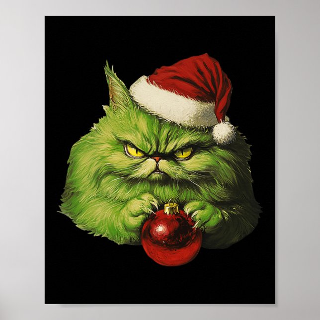 Affiche Grumeux Vert Père Noël Chat Retro Chat Noël (Devant)