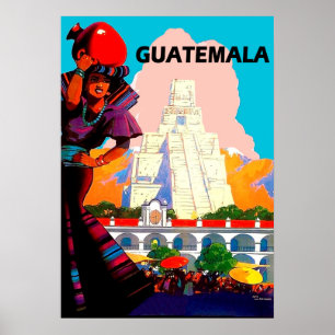 Affiche Guatemala, femme indigène avec poterie, pyramide