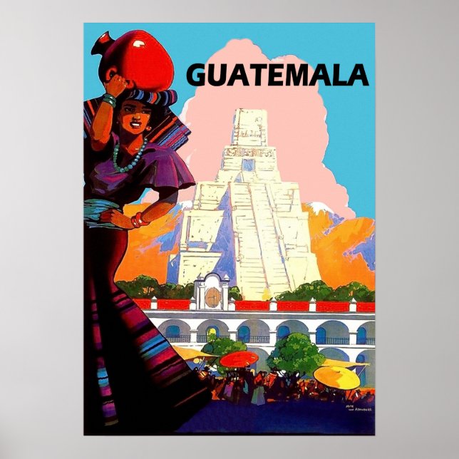 Affiche Guatemala, femme native avec poterie, pyramide (Devant)