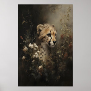 Affiche Guépard dans des fleurs sauvages, peinture à l'hui