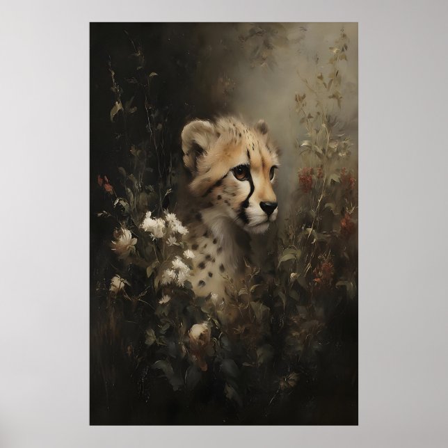 Affiche Guépard dans des fleurs sauvages, peinture à l'hui (Devant)