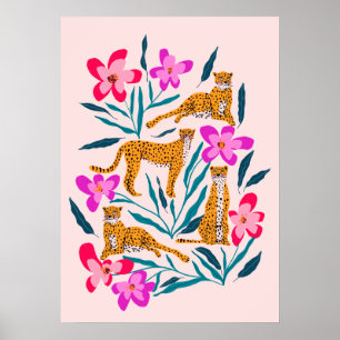 Affiche Guépard mignon moderne avec orchidées