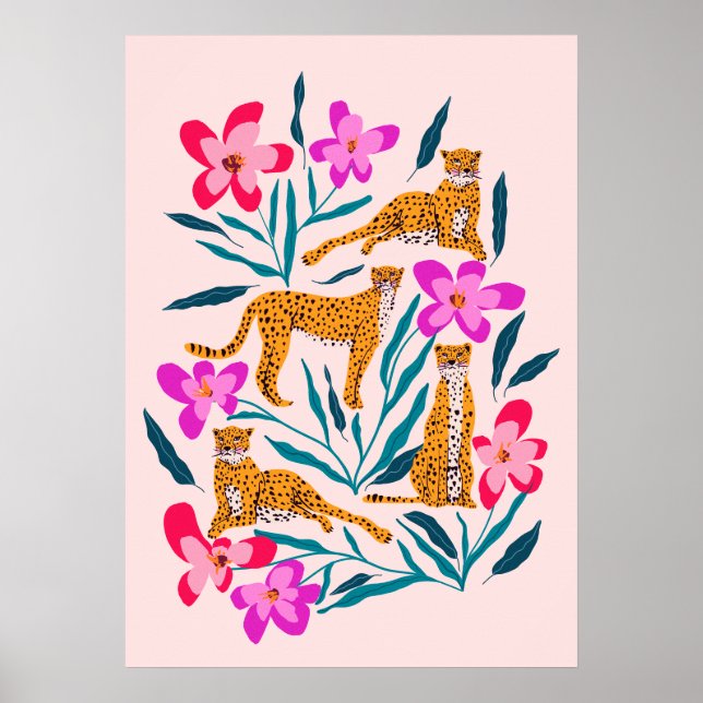 Affiche Guépard mignon moderne avec orchidées (Devant)