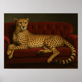 Affiche Guépard royal sur canapé en velours cramoisi rouge