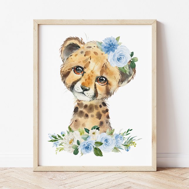 Affiche Guépard, Safari, Jungle, Fleurs Bleues, Garçon Cha (Créateur téléchargé)