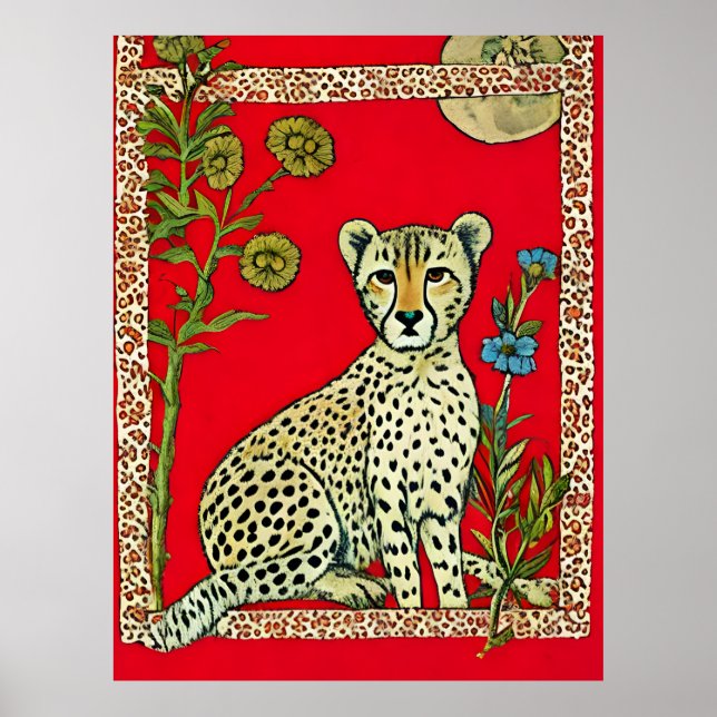 Affiche Guépard sur fond rouge avec des fleurs (Devant)