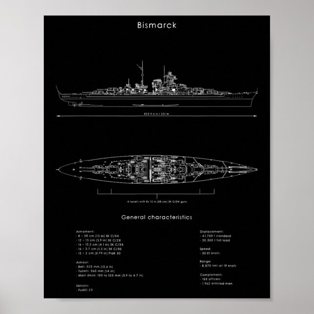 Affiche Guerre Mondiale 2 Allemand Bismarck Ship Modèle 2è (Devant)