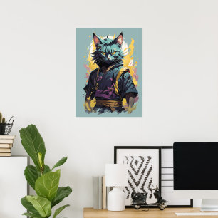 Affiche Guerrier Chat Ninja Éclaboussure de Feu Gris Cool