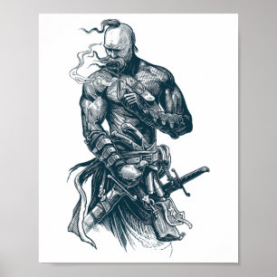 Affiche Guerrier cosaque ukrainien tenant une épée combatt