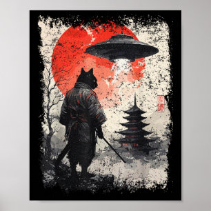 Affiche Guerrier de chat ninja samouraï Sumi-e Ufo Ukiyo-e