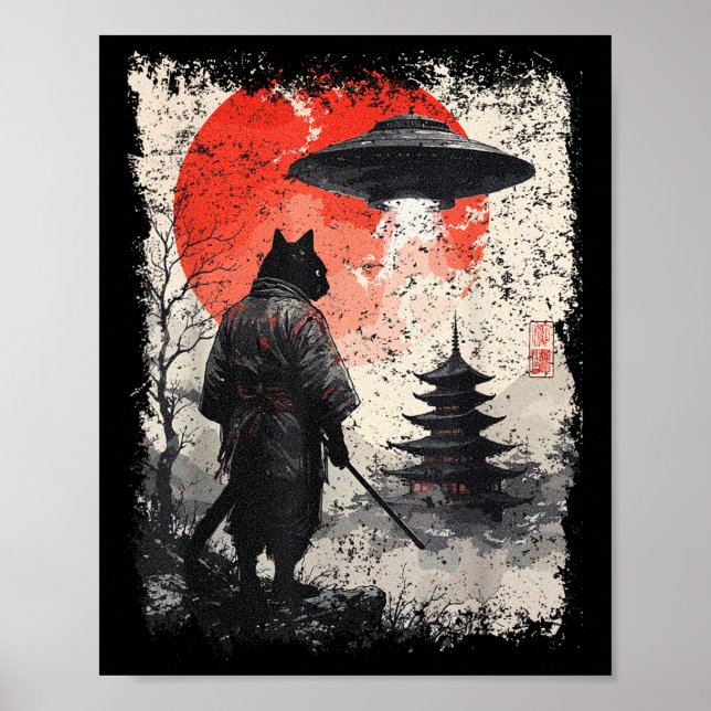 Affiche Guerrier de chat ninja samouraï Sumi-e Ufo Ukiyo-e (Devant)