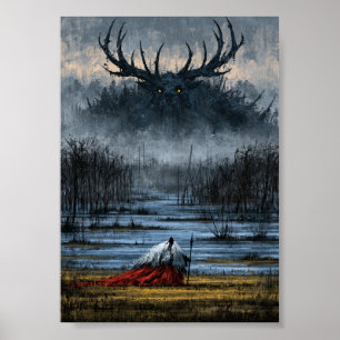 Affiche Guerrier de Marais de Dark Fantasy Face à une Gran