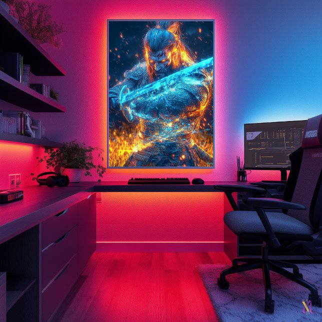 Affiche Guerrier médiéval néon - Chevalier Cyber-Imaginair (Créateur téléchargé)