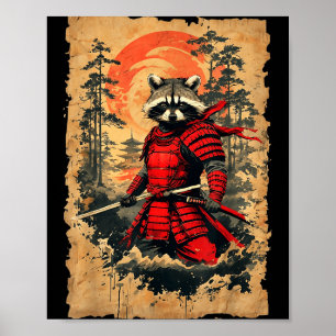 Affiche Guerrier Raton laveur Samouraï Japonais Graphisme