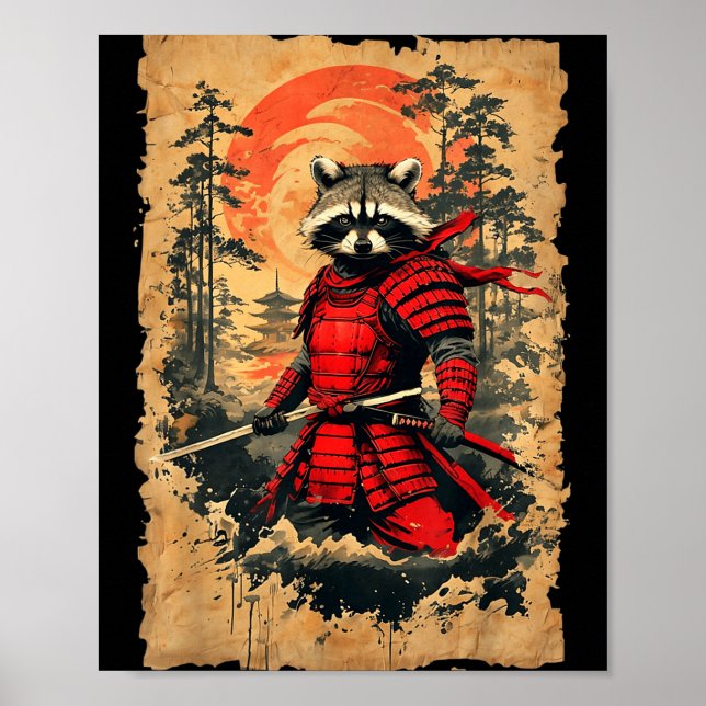 Affiche Guerrier Raton laveur Samouraï Japonais Graphisme  (Devant)