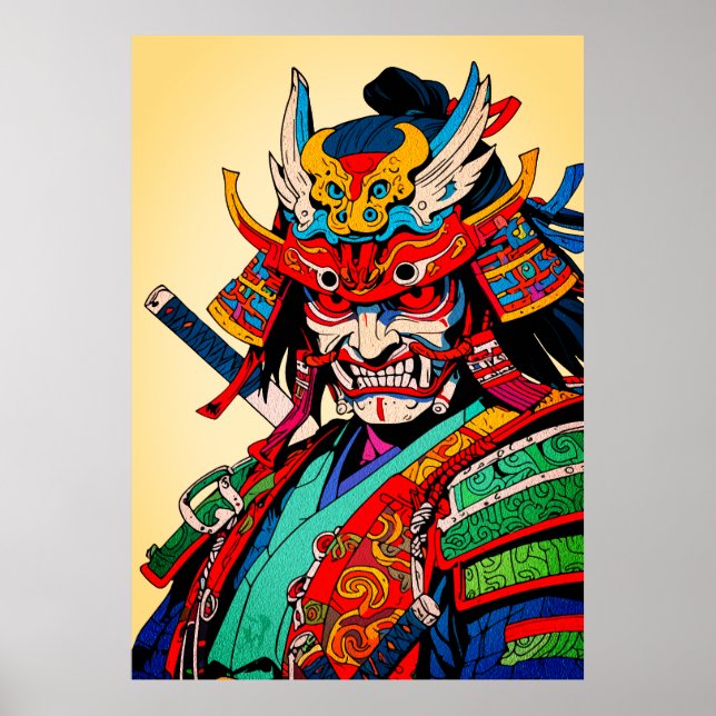 Affiche Guerrier Samouraï Féroce – Bushido Japonais Coloré (Devant)