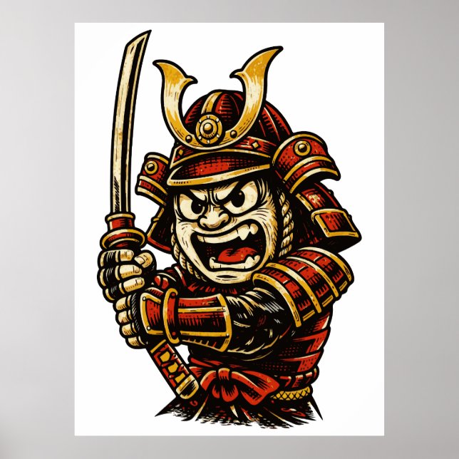 Affiche Guerrier Samouraï Japonais Armure Rouge Art de Des (Devant)