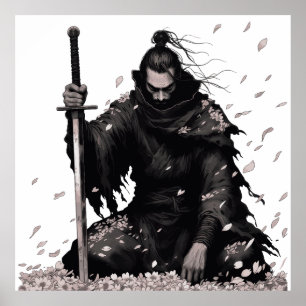 Affiche Guerrier Samouraï Minimal Sombre avec Pétales de S