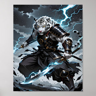 Affiche Guerrier Samouraï Tigre Blanc Fantaisie Foudre Ble