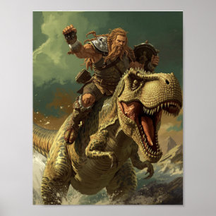 Affiche Guerrier Viking Épique Chevauchant un T-Rex Rugiss