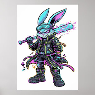 Affiche Guerrière Cyberpunk Lapin Néon – Lapin Futuriste