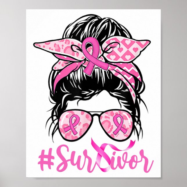 Affiche Guerrière du cancer du sein Ruban rose léopard Bun (Devant)